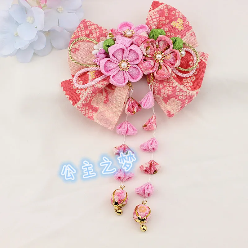 Pink Central Tassel Традиционный японский стиль Tsumami Kanzashi бусина Бабочка Цветок сакуры длинные кисточки большой цветок взрослый Выпускной Свадьба HW007 - Цвет: Pink Central Tassel
