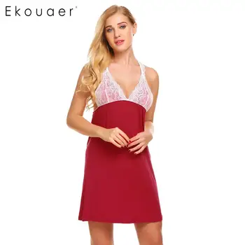 

Ekouaer Women Sleepwear V-Neck Backless Lace Patchwork Chemise Nightgown Women Babydoll Sleep Tops 2020 Women Clothing Night Dre