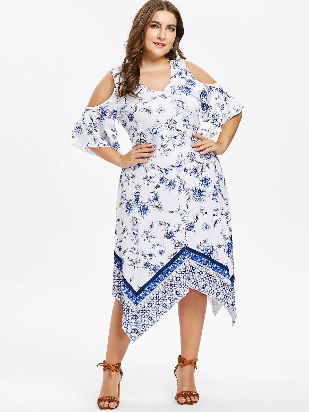 5XL Plus Size Floral Print Asymmetrical Dress V Neck Half Sleeves Mid