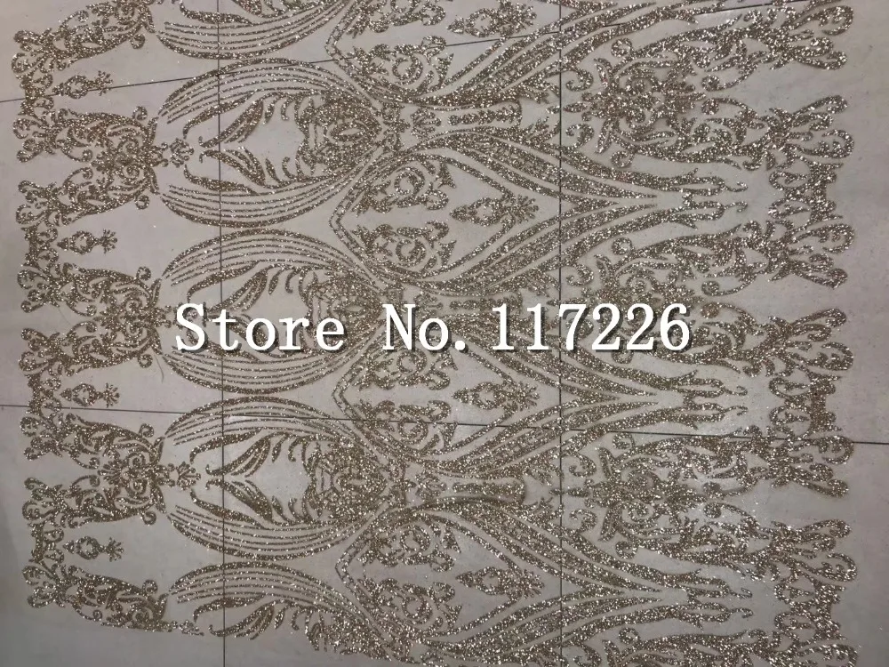 Gold color glued glitter embroidered beaded lace fabric good looking
