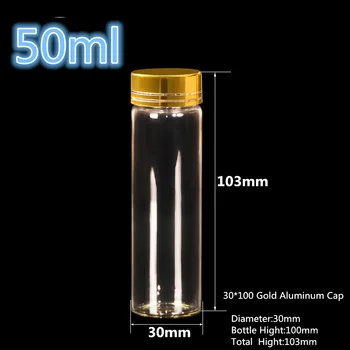 

50pcs Glass jars with Silver/Gold Aluminum Cap30*100mm 50ml Essential Oil glass bottles cream glass vial Free Shipping