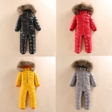 Baby Duck Down Rompers Winter Thick Cotton Jacket Genuine Fur Girl Suit Children's Duck Down Coat Snowsuit Russian Winter -30 russian winter baby snowsuit natural fur down jacket white duck down toddler girls boys skiing suit thick warm outwear coat z156