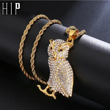 

HIP Hop Owl Bling Iced Out Crystal Pave Animal Necklaces & Pendants Rope Chain Titanium Necklace for Men Jewelry Dropshipping