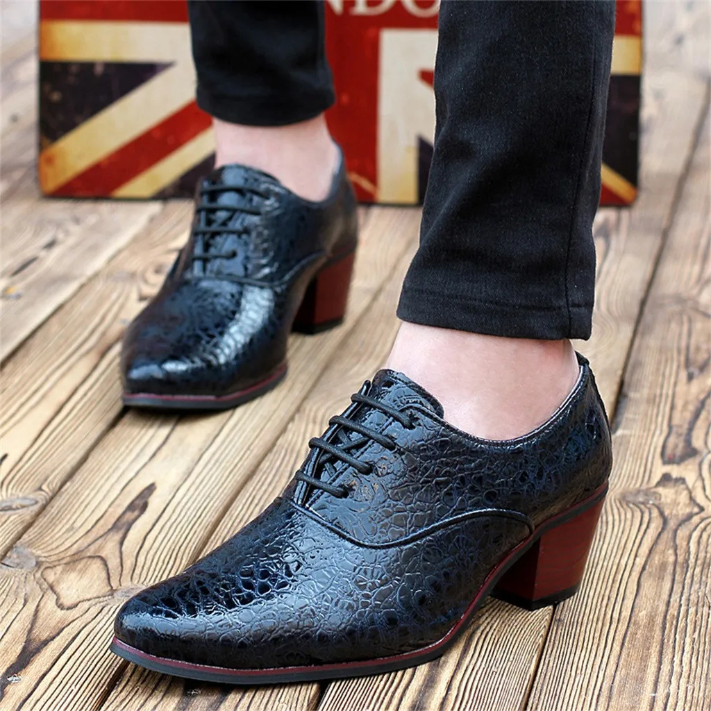 Men Pointed Toe leather shoes Lace-Up Alligator Pattern Busines Dress shoes British style High heel Male Wedding shoes 7.11