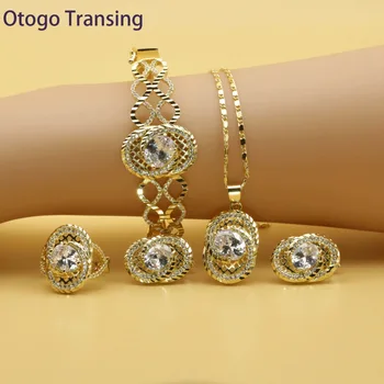 

Otogo Transing 2019 Round White Cubic Zirconia Gold Color Jewelry Sets For Women Earring Pendant Necklace Ring Bracelet SET211