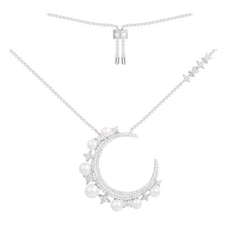 

SLJELY Brand Design 925 Sterling Silver Micro Pave AAA Cubic Zirconia Star Moon Pendant Necklace with Pearl Women Luxury Jewelry