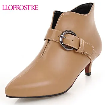 

Lloprost ke Women Ankle Boots Pointed Toe Footwear Med Heels Female Boot Buckle Shoes Woman 2018 Black Brown Size 34-48 D525