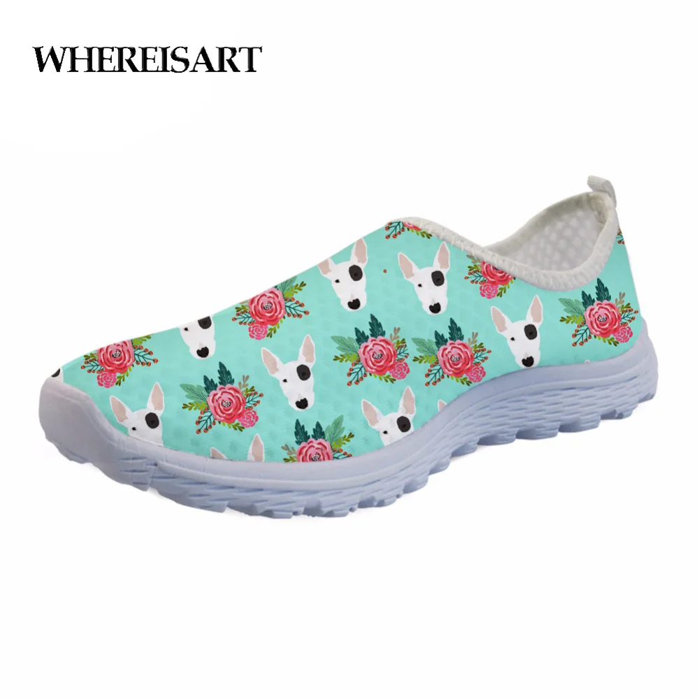 

WHEREISART Cute Animal Bull Terrier Print Casual Women's Sneakers Summer Lightweight Mesh Shoes Woman Flats Lady Beach Loafers