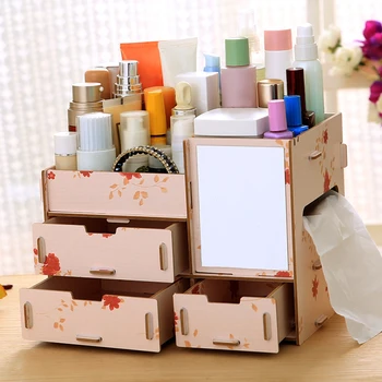 

Wooden Makeup Storage Box Cosmetic Organizer Case Handmade DIY Assembly Jewelry Makeup Storage Container With Mirror