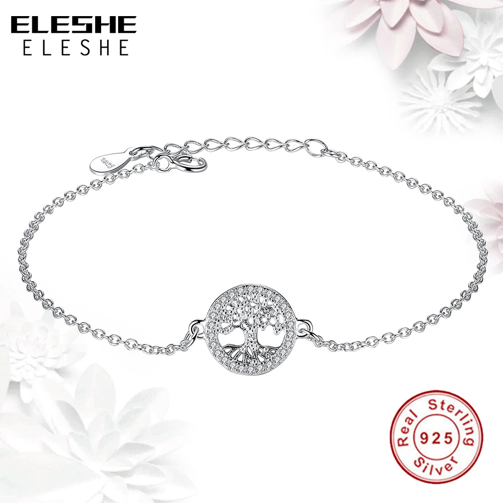 ELESHE 925 Sterling Silver Tree of Life Link Chain Bracelet Cubic Zirconia Charm Bracelet for Women Fashion Jewelry Pulseiras