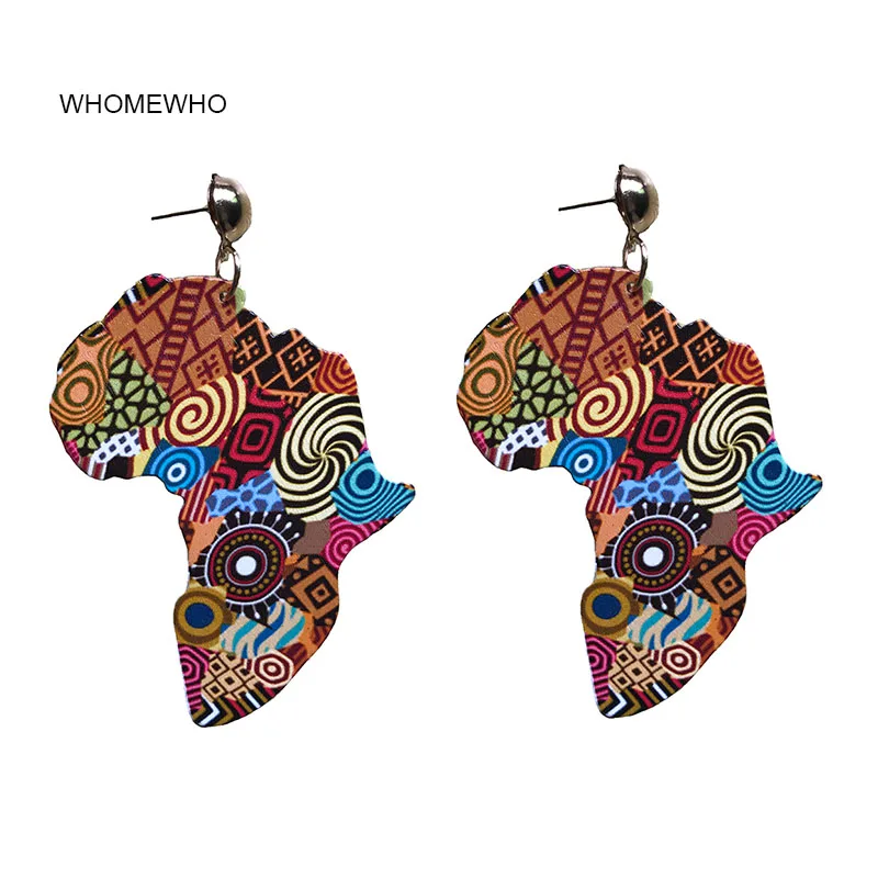 

laser Cut Africa Map Outline Natural Wood African Colorful Bohemia Afro Earrings Women Vintage Jewelry Wooden DIY Accessories