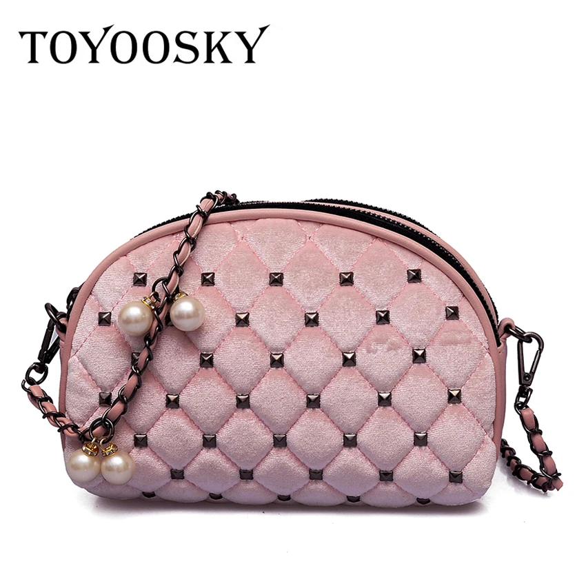 

TOYOOSKY Fashion Velour Rivet Women Shoulder Bag Pearl Chain Messenger Bag Elegant Evening Party Bags For Ladies Shell Bag