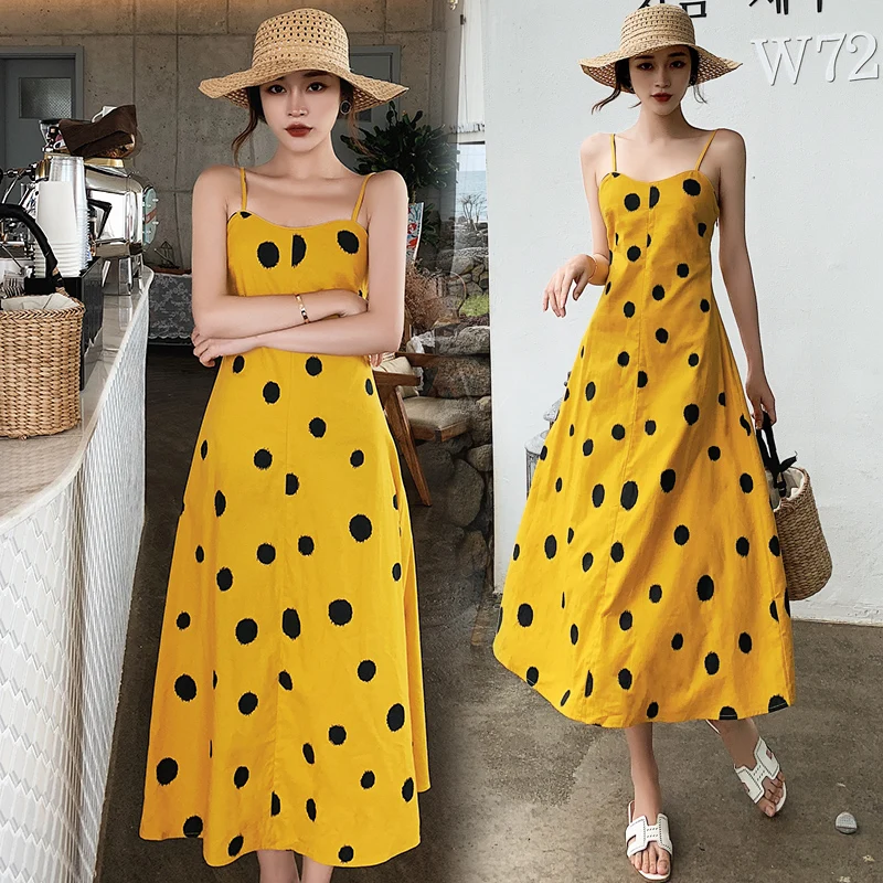 

Summer Women Yellow Cotton Backless Straps Dress Dot Fairy Elegant Casual Vacation Beach Dress Vintage Korean Runway Sundress