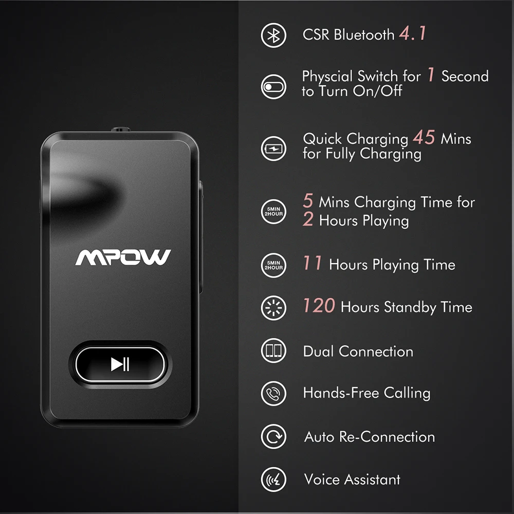 Адаптер Mpow Bluetooth 3 5 мм BH129 обновленный приемник для быстрой зарядки аудио стерео