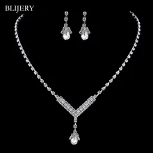 BLIJERY Простой V Форма Teardrop подружки невесты Ювелирные наборы Мода Кристалл Свадебное украшенное Ожерелье Комплект сережек для женщин