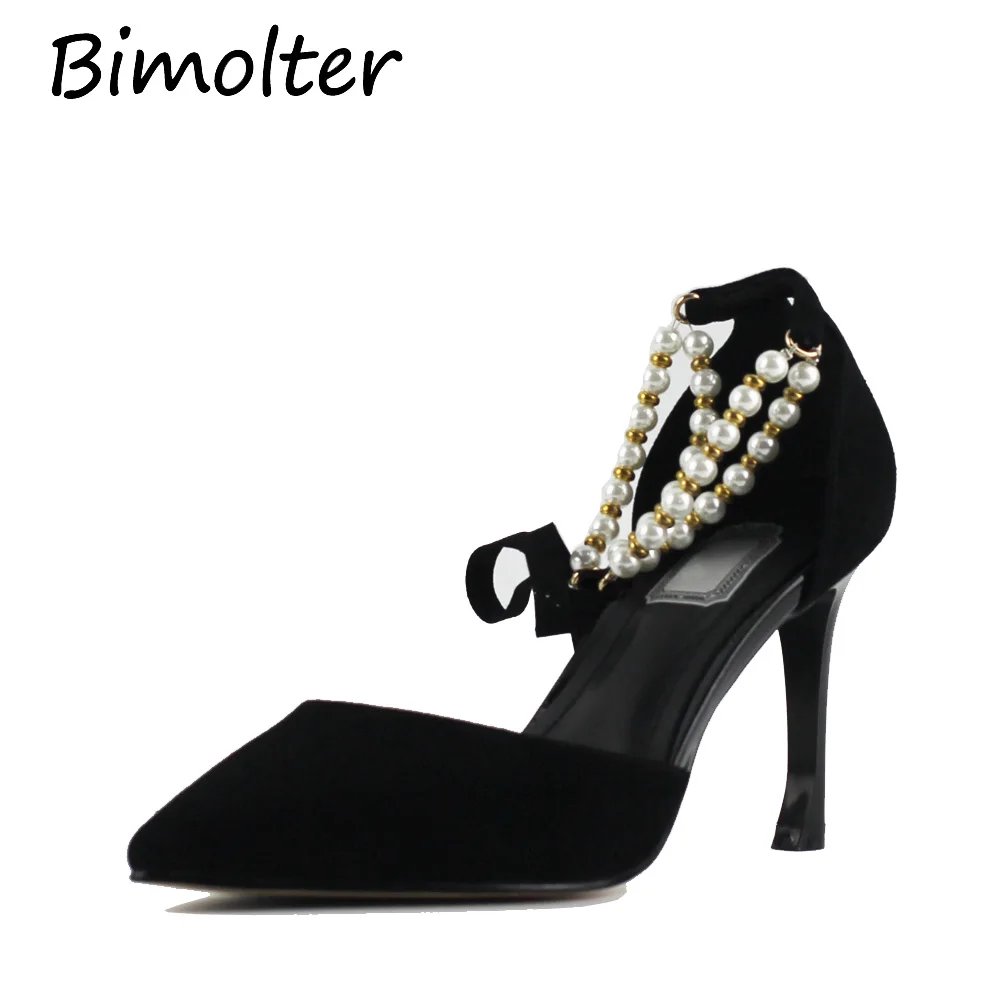 

Bimolter Sheep Suede Pumps with String Bead Pointed Toe Sexy Elegant Thin Heels Party Wedding Office Casual Black Shoes LXSA002