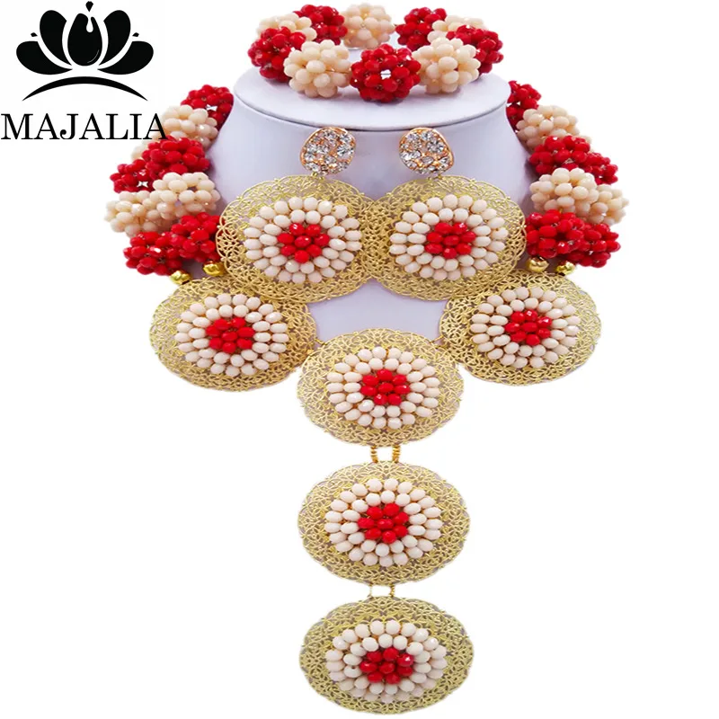 

Majalia Luxury Nigerian Wedding Beige and Opaque red African Beads Jewelry Set Crystal Bride Jewelry Sets Free Shipping 2CB034