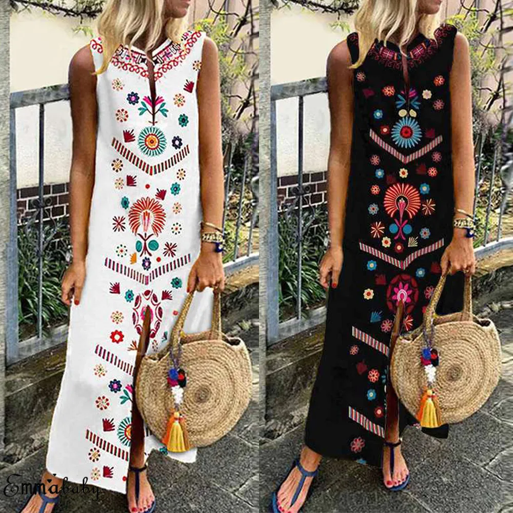 Для женщин летние цветочные Boho БЕЗРУКАВНОЕ вечернее пляжное платье длиной Макси Сарафан