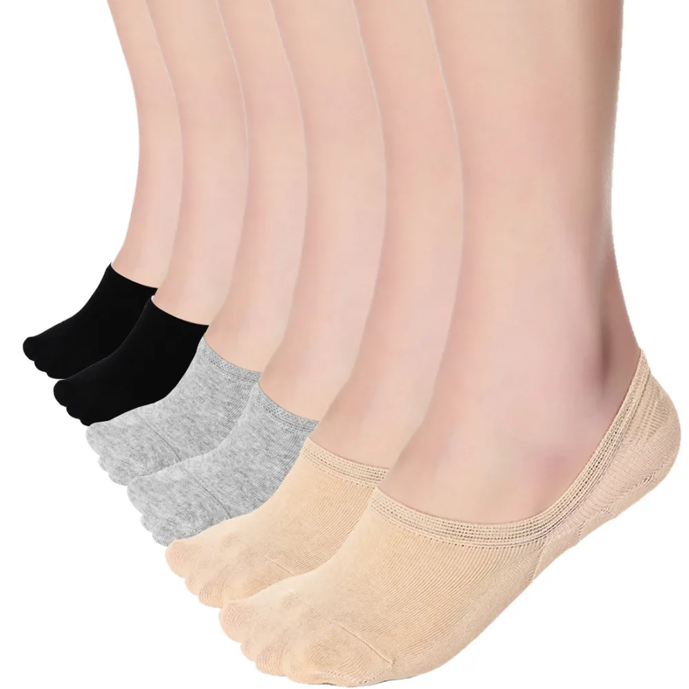 6 Pairs Women Solid Color No Show Socks Invisible Non Slip Cotton ...