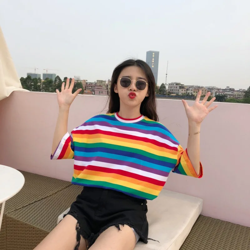 

Colorful T Shirt for Women Rainbow Striped Tops Harajuku Tshirt 2019 Summer Short Sleeve Korean Punk T-shirt camiseta feminina