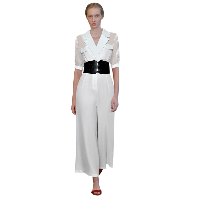

overalls women white jumpsuit women clothes 2019 office jumpsuit notched collar flap pockets wide belt wide leg jumpsuit sale