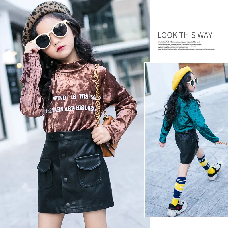 

Children's clothing girls gold velvet bottoming shirt autumn and winter 2019 new wild long-sleeved letter base shirt