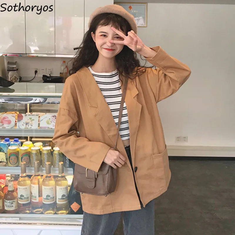 

Blazers Women Solid Long Simple Loose Elegant All-match Soft Female Korean Style Womens Leisure Clothing Single Button Pockets
