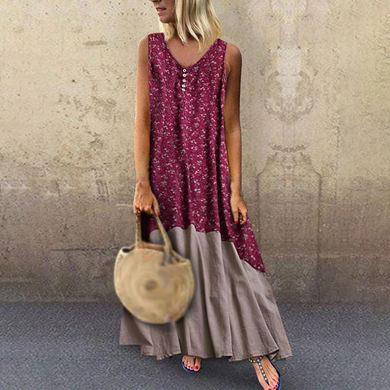 

​ Women's Floral Print Dress Round Neck Button Splice Casual Beach Long Irregular dress ladies vestido