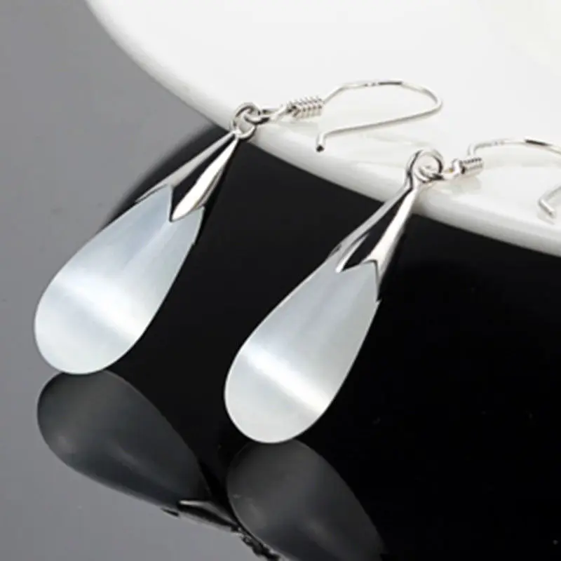 Cats Eye Drop Dangle Earrings White 925 Silver plated NEW