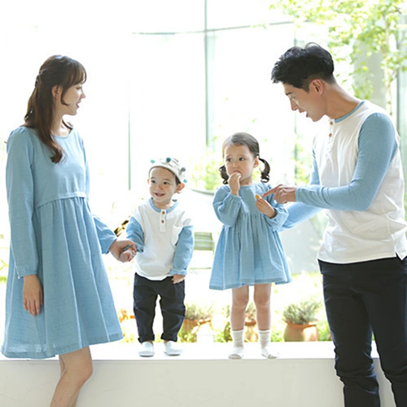 

Family Matching Outfits Autumn Mum Daughter Causal Denim Dresses Dad Son Long-sleeved Shirts Family Look Clothes Couple Clothing