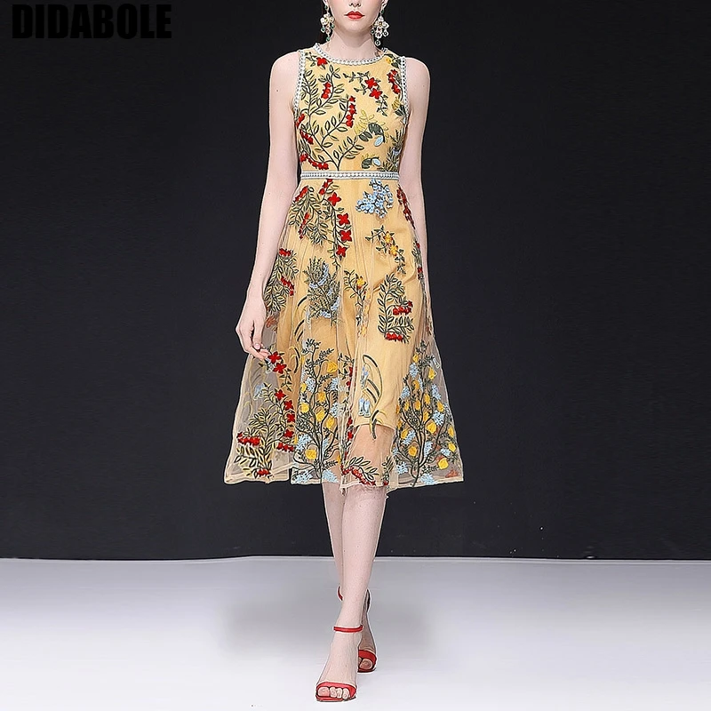 

DB DIDABOLE New Summer Female Garment Mesh Heavy Industries Embroidery and Water-Soluble Lace Received Waist Pendant Dress