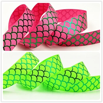 

Q&N ribbon 7/8inch 22mm green foil mermaid scale printed grosgrain ribbon for hair tie 50yds/roll free shipping