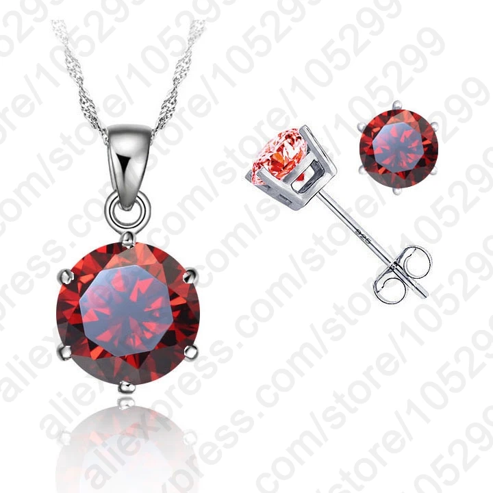 

Classic 8 Colors Cubic Zirconia 925 Sterling Silver Jewelry Sets 6 Claws Stud Earring Pendant Necklace 18" Chain