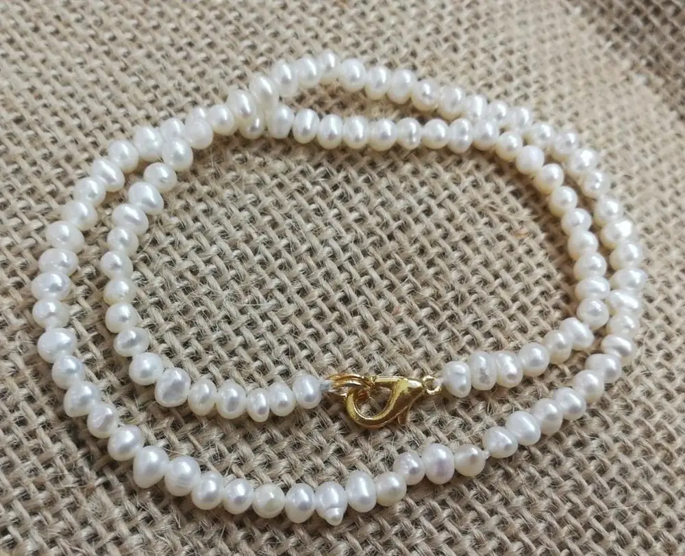 

14'' 36cm 3x4mm white freshwater pearl Necklace gold clasp Woman Jewelry AAA Natural pearl