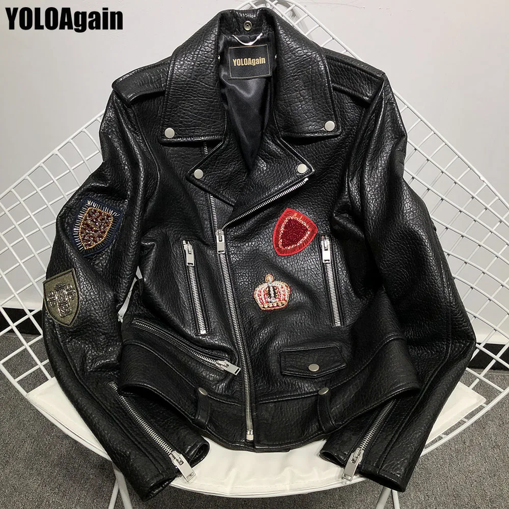 

YOLOAgain Women genuine leather jacket ladies long sleeve beading real leather jacket