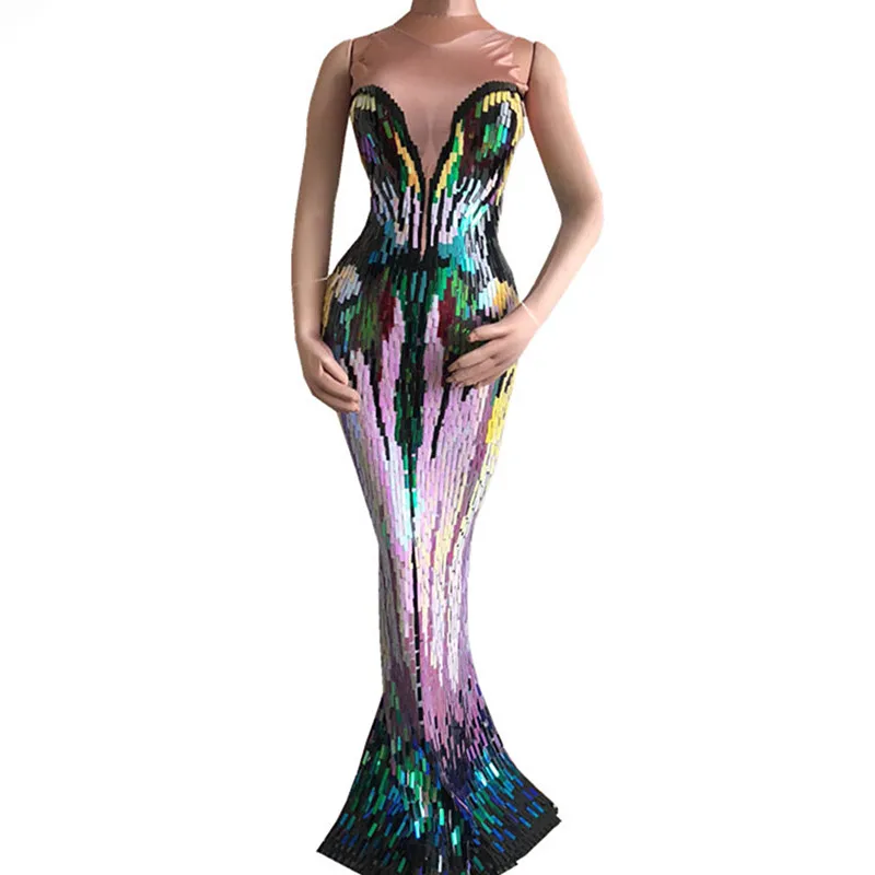 

Colorful Sequins Trailing Long Dress Sleeveless Skinny Stretch Dress Bar Party Women Singer Dance Costume Celebration Outfit