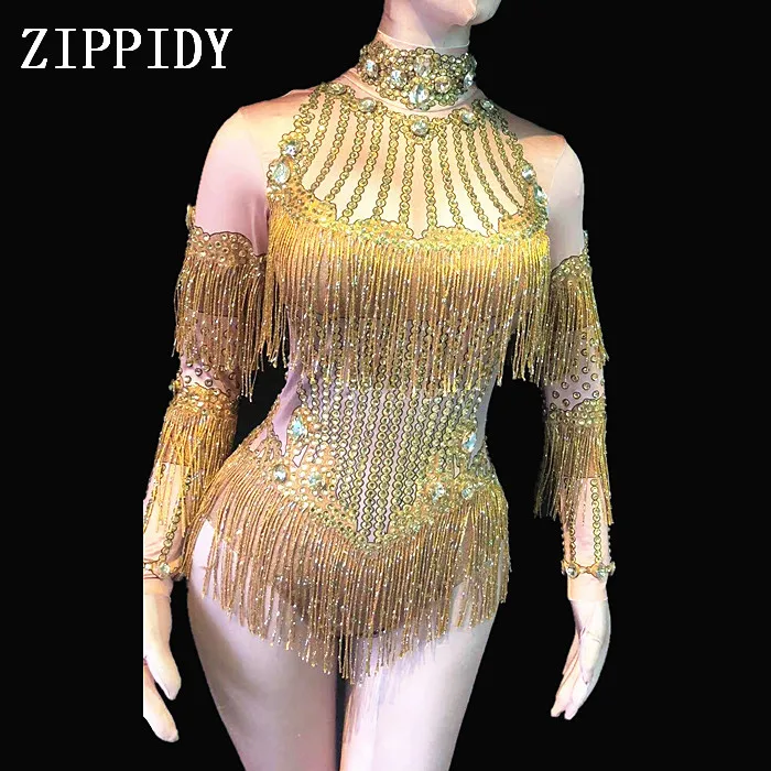 

Sparkly Crystals Stretch Fringes Bodysuit Women's Party Evening Celebrate Tassel Costume Outfit Singer Dance Stage Show Wear