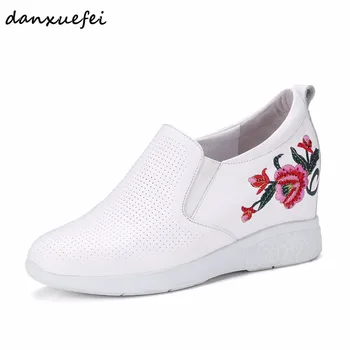 

Women's genuine leather printed flower slip-on wedge loafers brand designer Rhinestone leisure espadrilles spring comfort shoes