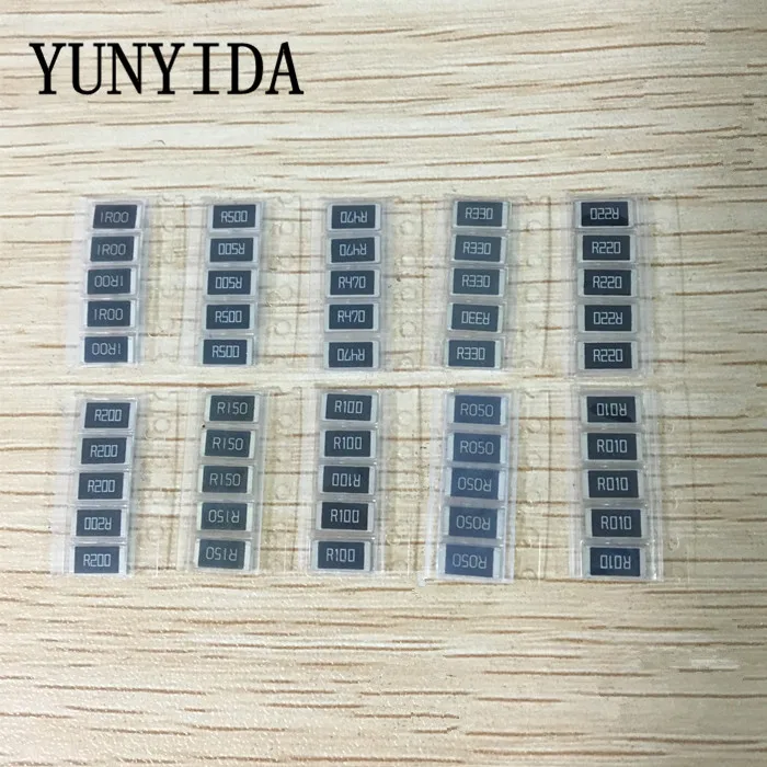 50 шт. 1% 2512 SMD комплект образцов резистора, 10 valueX5pcs = 50 шт. 1R00 R500 R470 R330 R220 R200 R150 R100 R050 R010