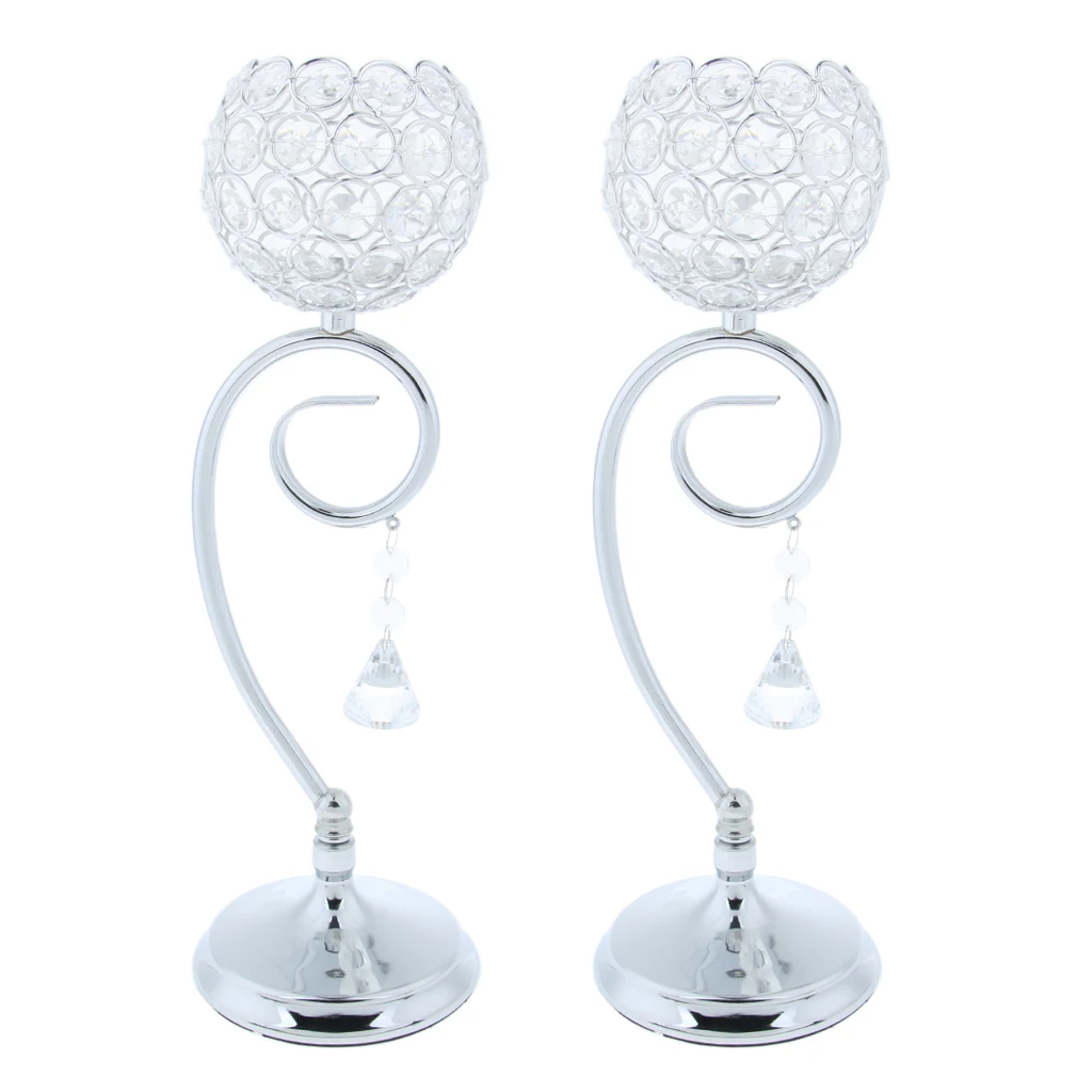 Crystal Effect Tea Light Candle Holder Globe Bowl Wedding Table Top Votive Lighting Fixtures Silver 35cm 2-set	