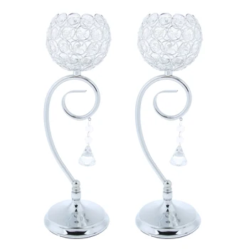

Crystal Effect Tea Light Candle Holder Globe Bowl Wedding Table Top Votive Lighting Fixtures Silver 35cm 2-set