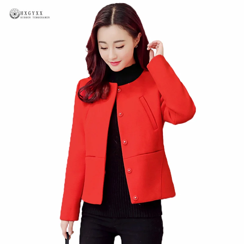 2017 Novas Mulheres Outono Outerwear Misturas de Lã Brasão Manga Comprida Coberta botão Em Torno Do Pescoço Fino Casaco de Lã Tamanho Grande Blusas Femininas OK829