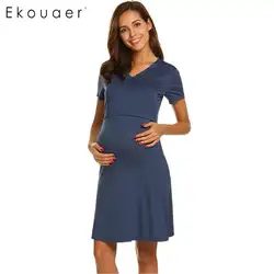Ekouaer Для женщин хлопка ночь платье сорочка Ночная Solid кружевной отделкой короткий рукав для беременных и кормящих ночная рубашка женская