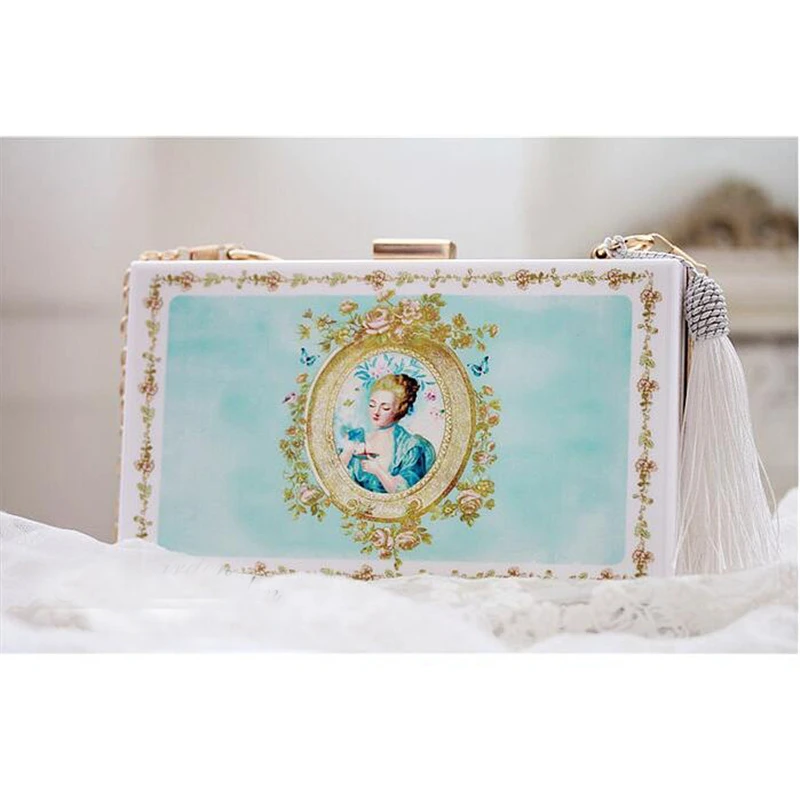Vintage print Acrylic Clutch Bag Retro angel pattern Box Evening Bags Party Women Shoulder Crossbody Chain tassel Purse Handbags Vintage print Acrylic Clutch Bag Retro angel pattern Box Evening Bags Party Women Shoulder Crossbody Chain tassel Purse Handbags