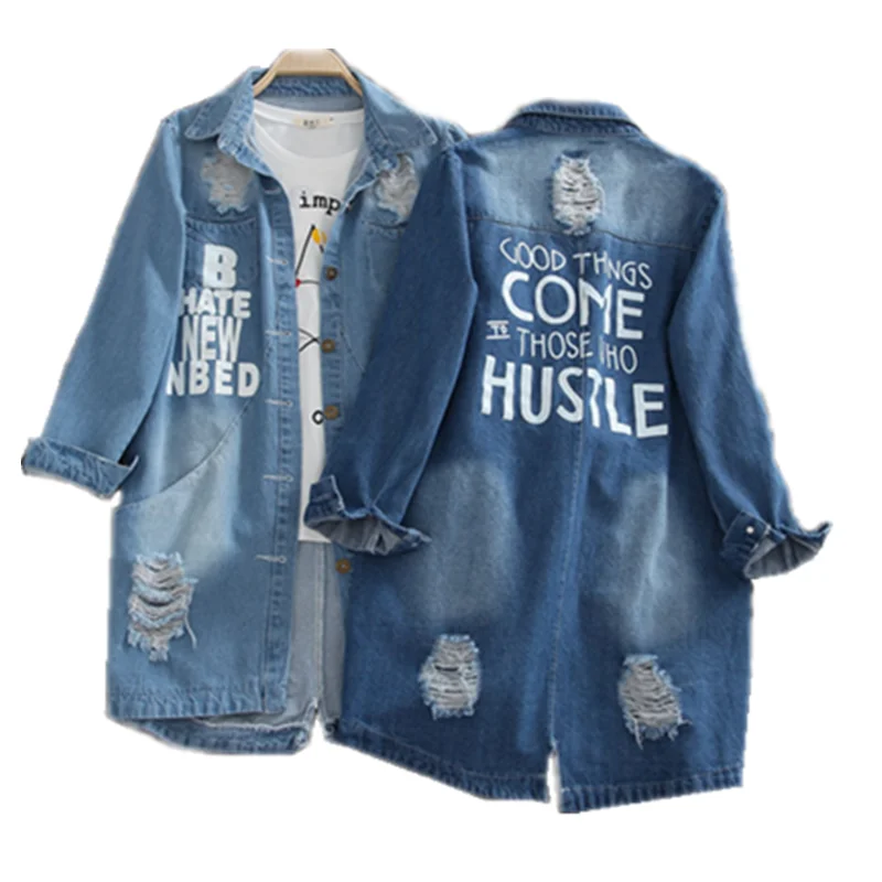 

Fashion Ladies Denim Jacket Spring Autumn 2019 Plus Size Casual Broken Hole Jeans Jacket Women Basic coat Slim Denim Coat 8XL9XL