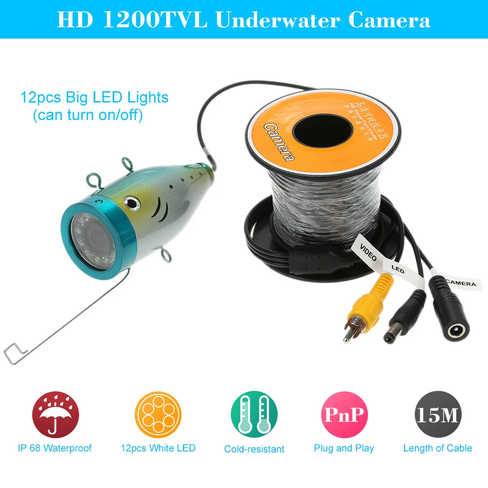 15M Cable Underwater Fishing Camera HD 1200TVL 30KG Holding Force 12pcs Leds Fish Finder IP68 Waterproof Sea/River Fishing