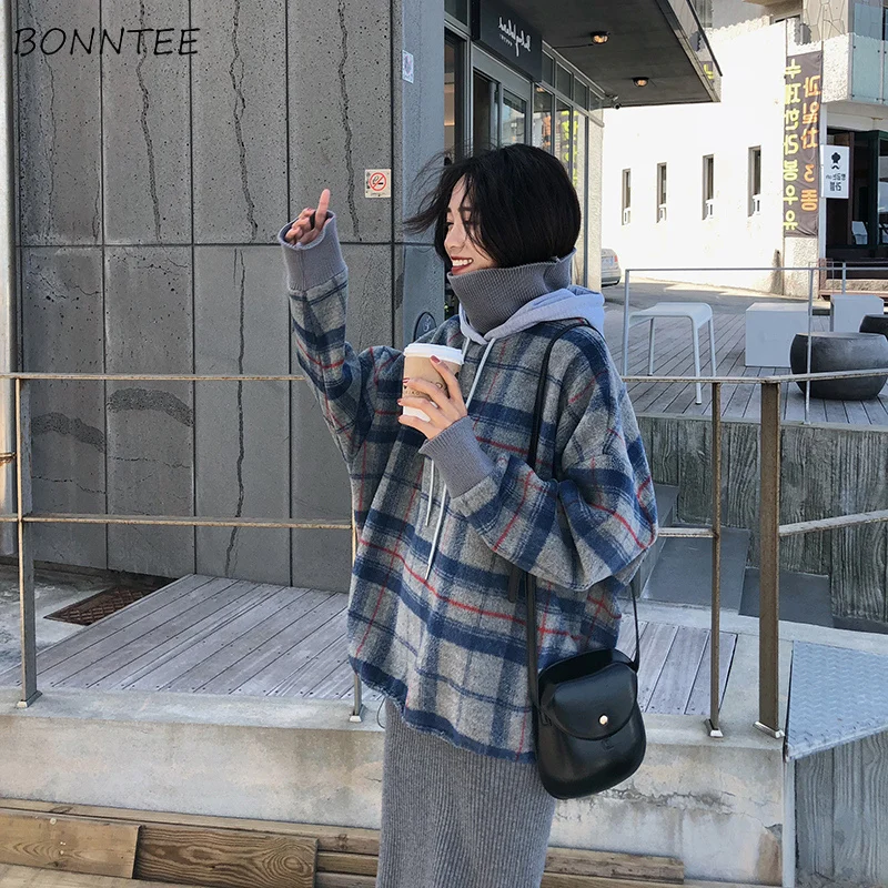 

Hoodies Women Plaid Fashion Loose Korean Style Leisure All-match Womens Clothing Thickening Hooded Students High Quality Daily