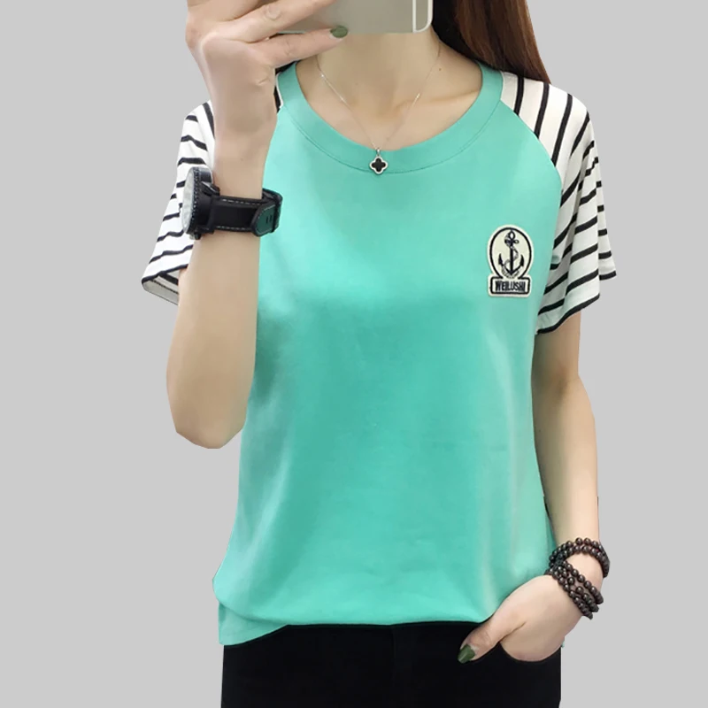 

shintimes Striped T Shirt Women Summer Tops 2019 Cotton Vintage T-Shirt Female White Short Sleeve Korea Fashion Tee Shirt Femme