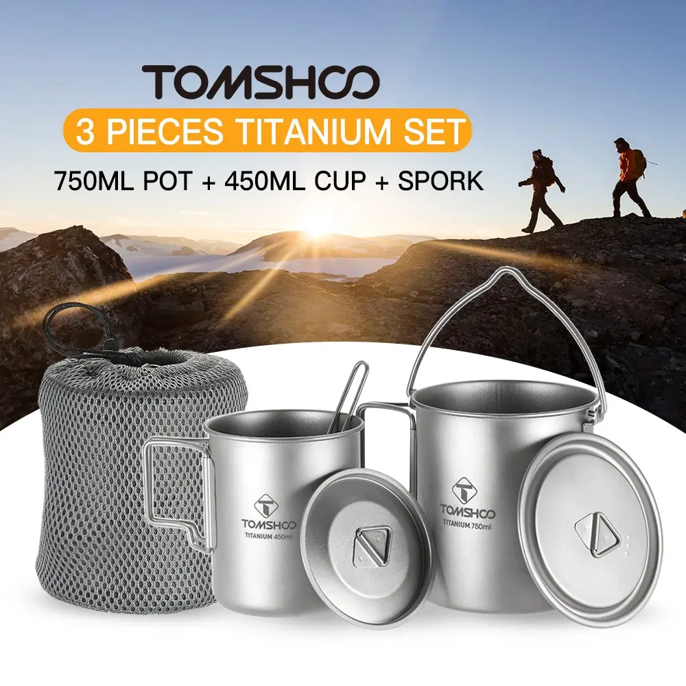 

TOMSHOO 3 Pcs Lightweight Titanium Set Titanium Pot Water Cup Mug with Lid Foldable Spork for Outdoor Camping Hiking Backpacking