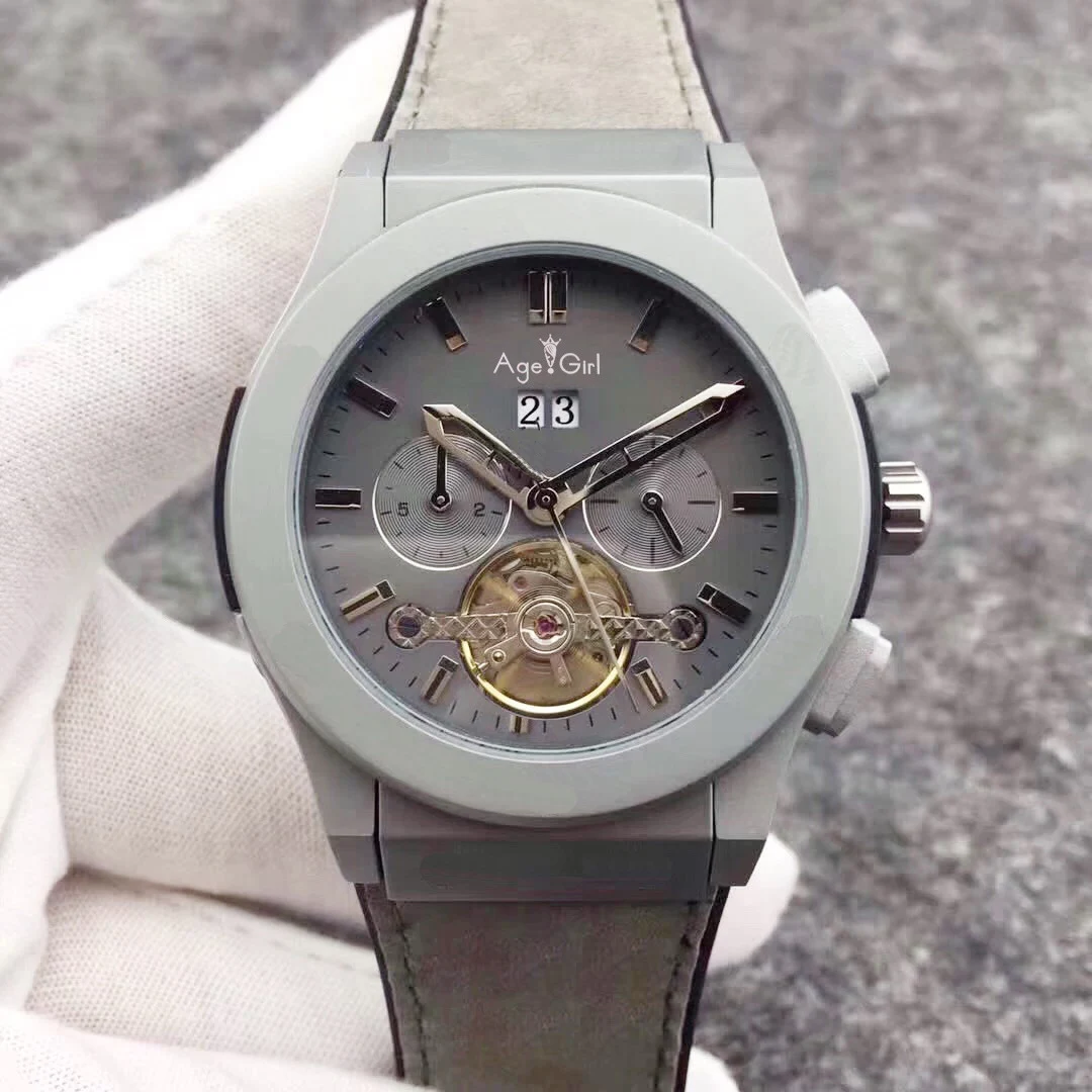 

Luxury Brand New Men Sport Watches Titanium Grey Black Blue Brown Leather Rubber Tourbillion Transparent Calendar Watch AAA+